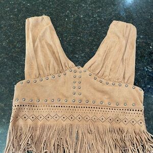 Boho camel fringe crop top with V line cut